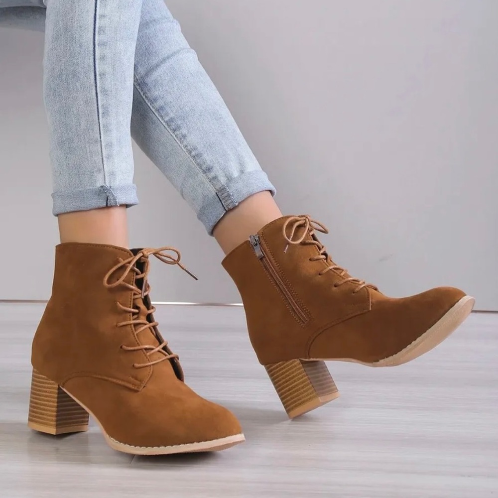 BROWN Faux Suede Side Zip Chunky Heeled Combat Ankle Boots BOOTIES SIZE 6.5 37